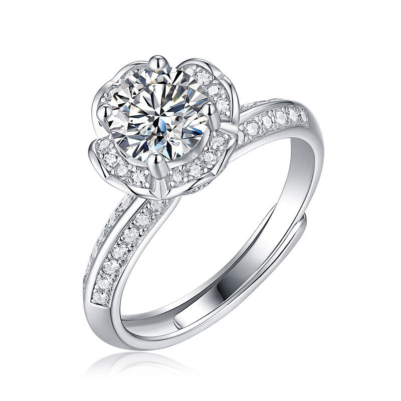 Beautiful Moissanite CZ Flower 925 Sterling Silver Adjustable Ring