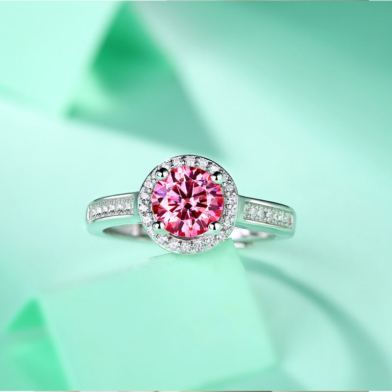 Women Pink Round Moissanite CZ 925 Sterling Silver Adjustable Ring