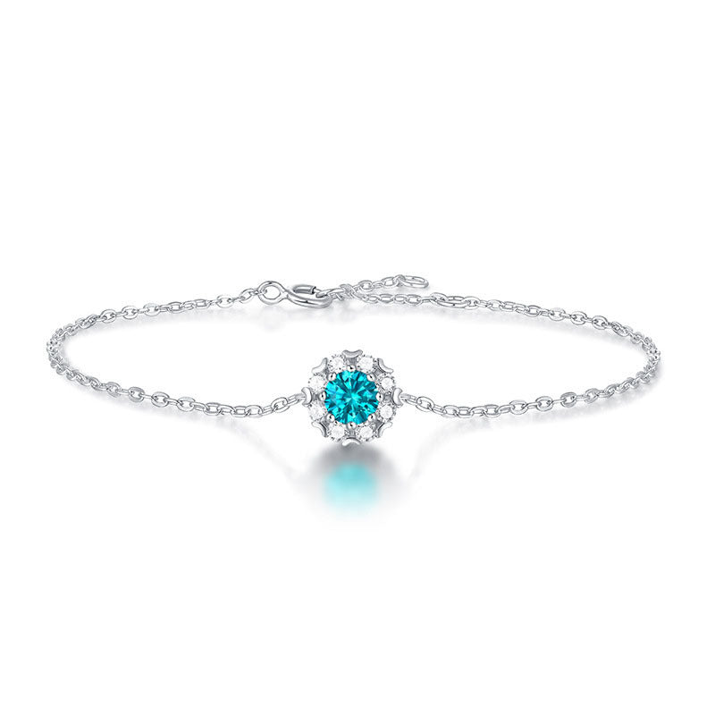 Bridesmaid Blue Moissanite CZ Flower 925 Sterling Silver Bracelet