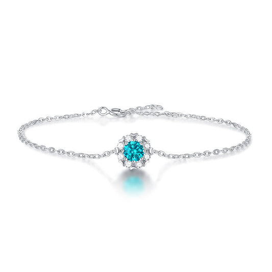 Bridesmaid Blue Moissanite CZ Flower 925 Sterling Silver Bracelet