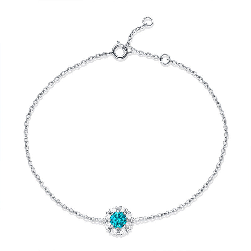 Bridesmaid Blue Moissanite CZ Flower 925 Sterling Silver Bracelet