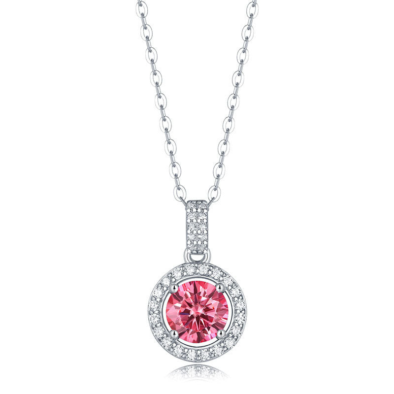 Bridesmaid Round Pink Dancing Moissanite CZ Circle 925 Sterling Silver Necklace