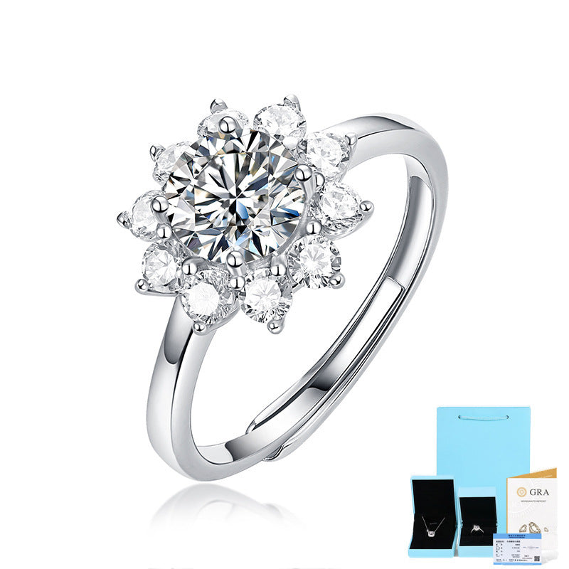 Wedding Moissanite CZ Sunflower 925 Sterling Silver Adjustable Ring