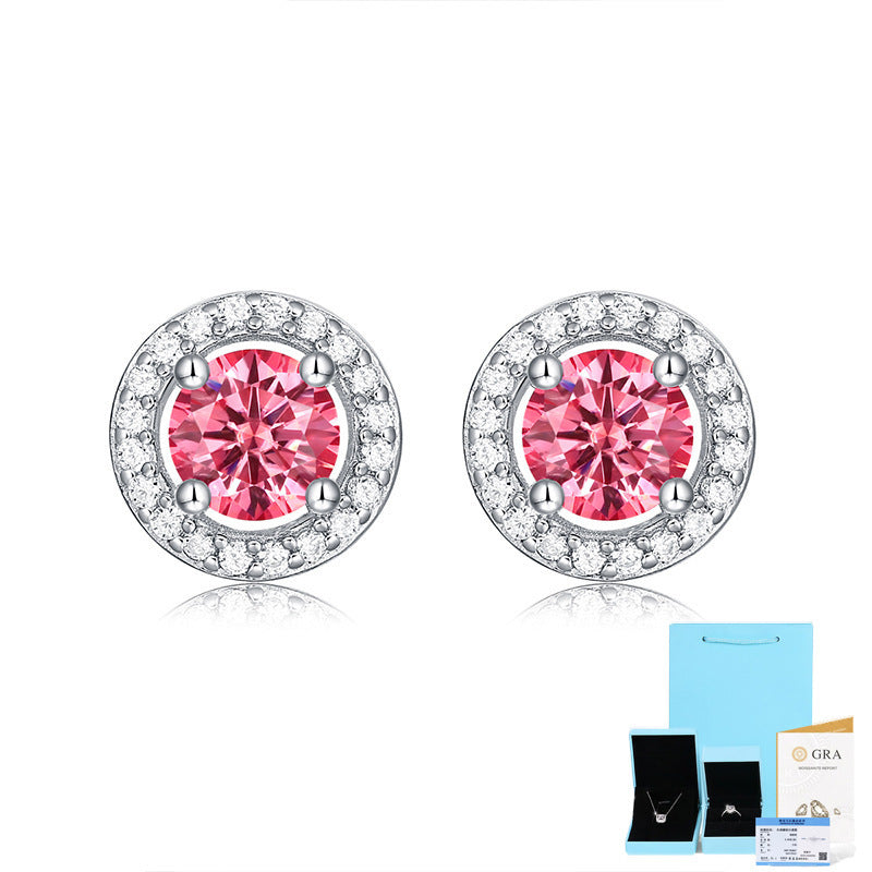 Girl Pink Round Moissanite CZ 925 Sterling Silver Stud Earrings