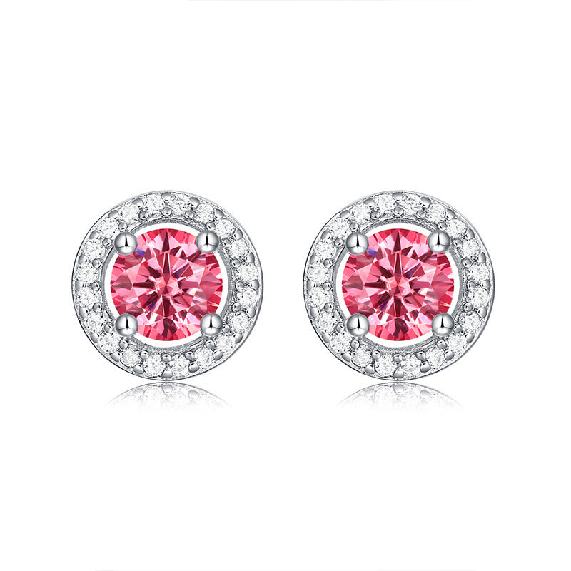 Girl Pink Round Moissanite CZ 925 Sterling Silver Stud Earrings