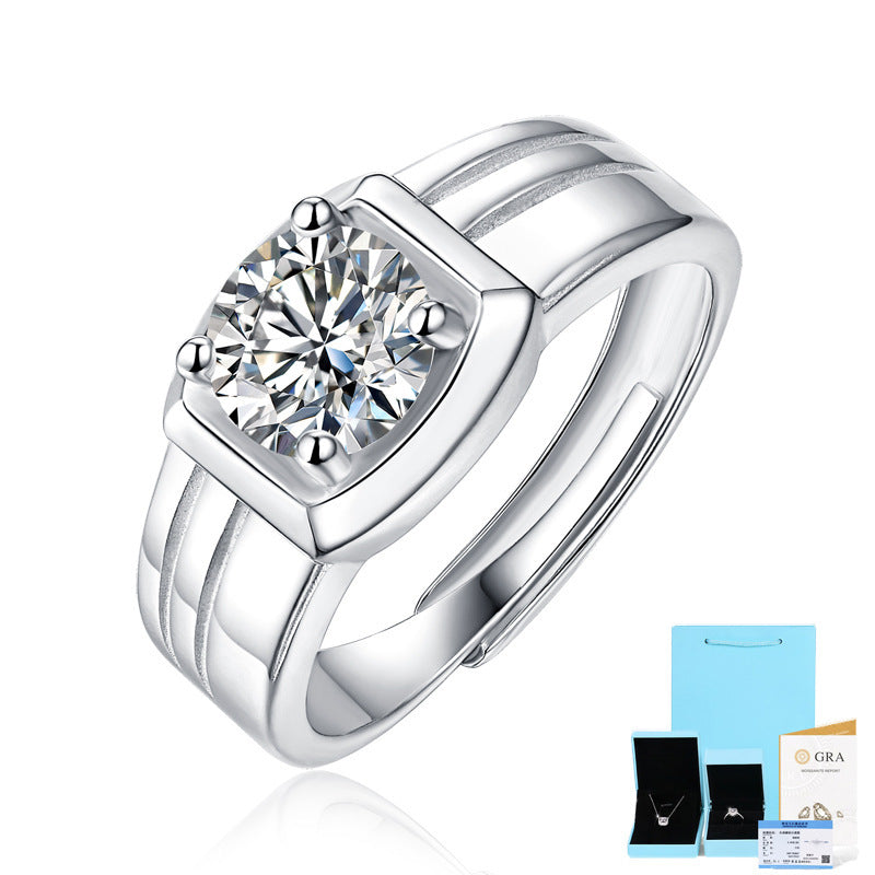 Men Moissanite CZ Geometry Square 925 Sterling Silver Adjustable Ring