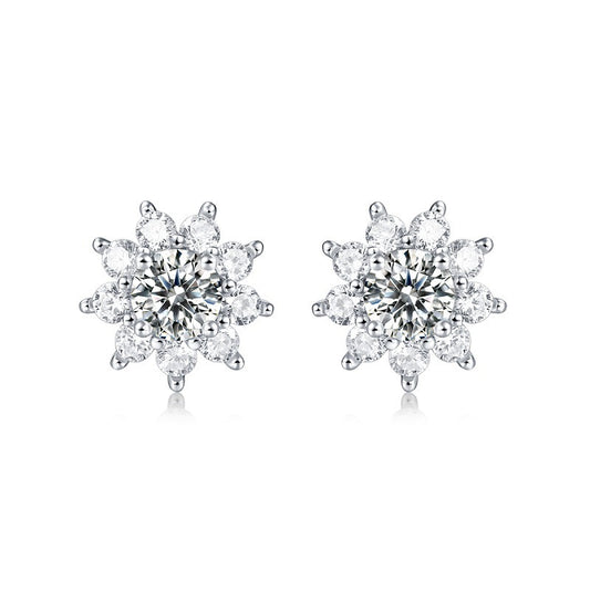 Sweet Moissanite CZ Sunflower 925 Sterling Silver Stud Earrings