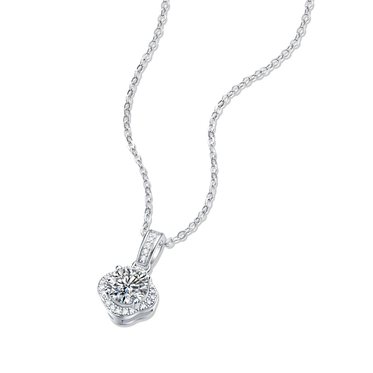 Sweet Moissanite CZ Four Petal Flower 925 Sterling Silver Necklace