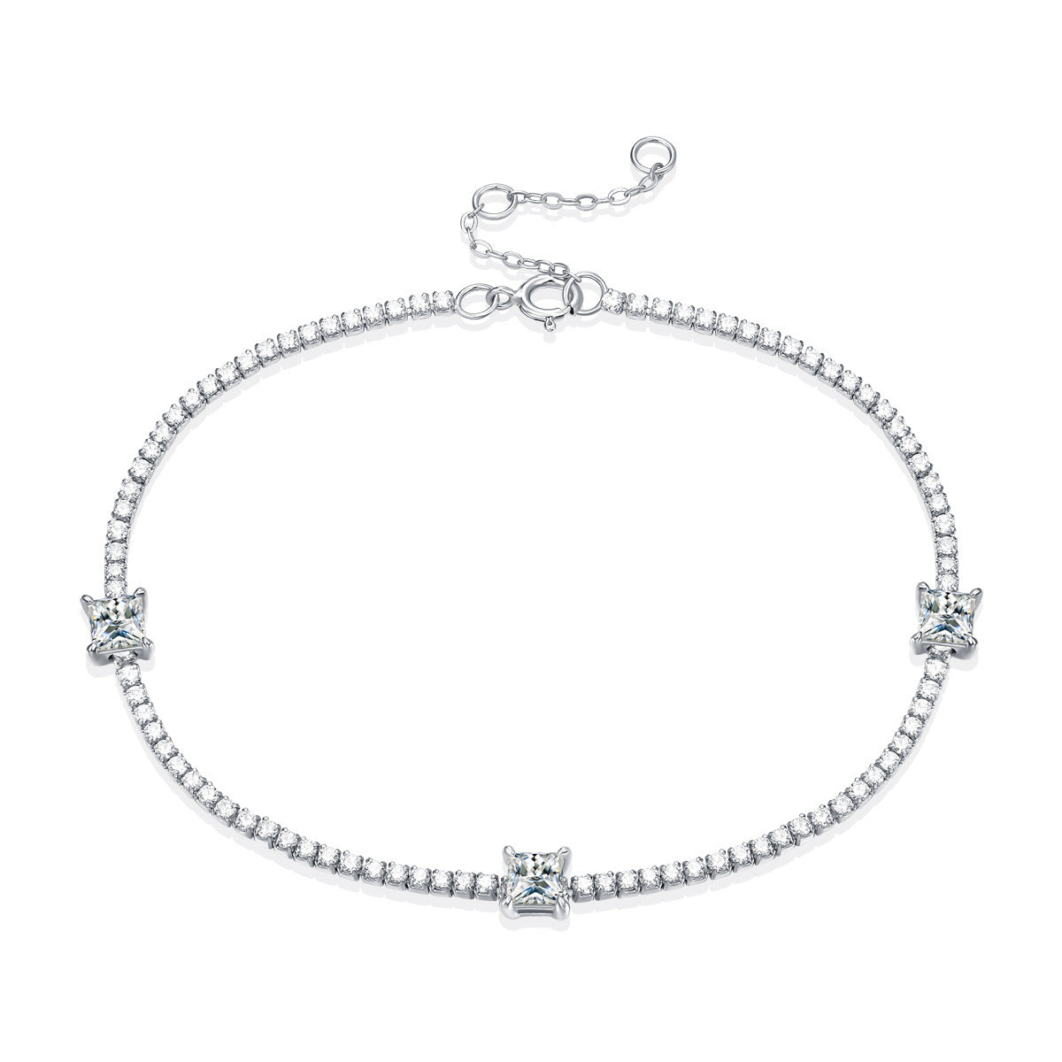 Party Square Moissanite CZ Chain 925 Sterling Silver Bracelet