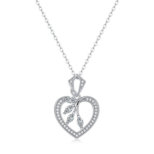 Women Moissanite Hollow Heart Leaves 925 Sterling Silver Necklace