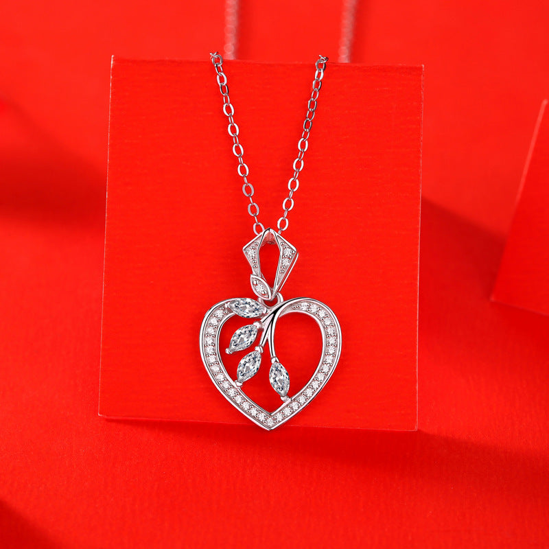 Women Moissanite Hollow Heart Leaves 925 Sterling Silver Necklace