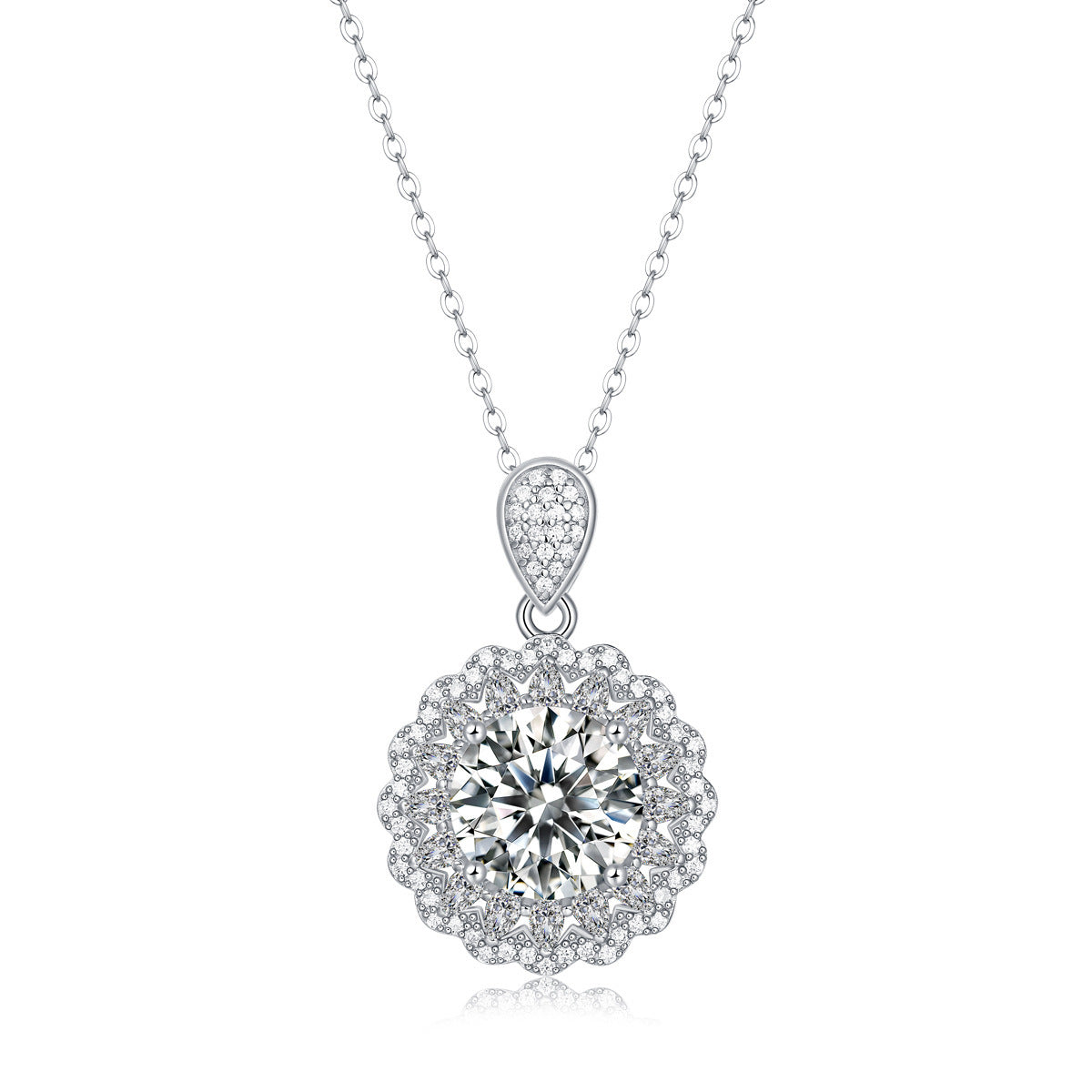 Elegant CZ Border Moissanite Flower 925 Sterling Silver Necklace