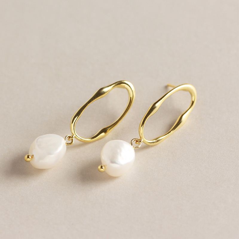 Office Irregular Baroque Natural Pearl 925 Sterling Silver Dangling Earrings