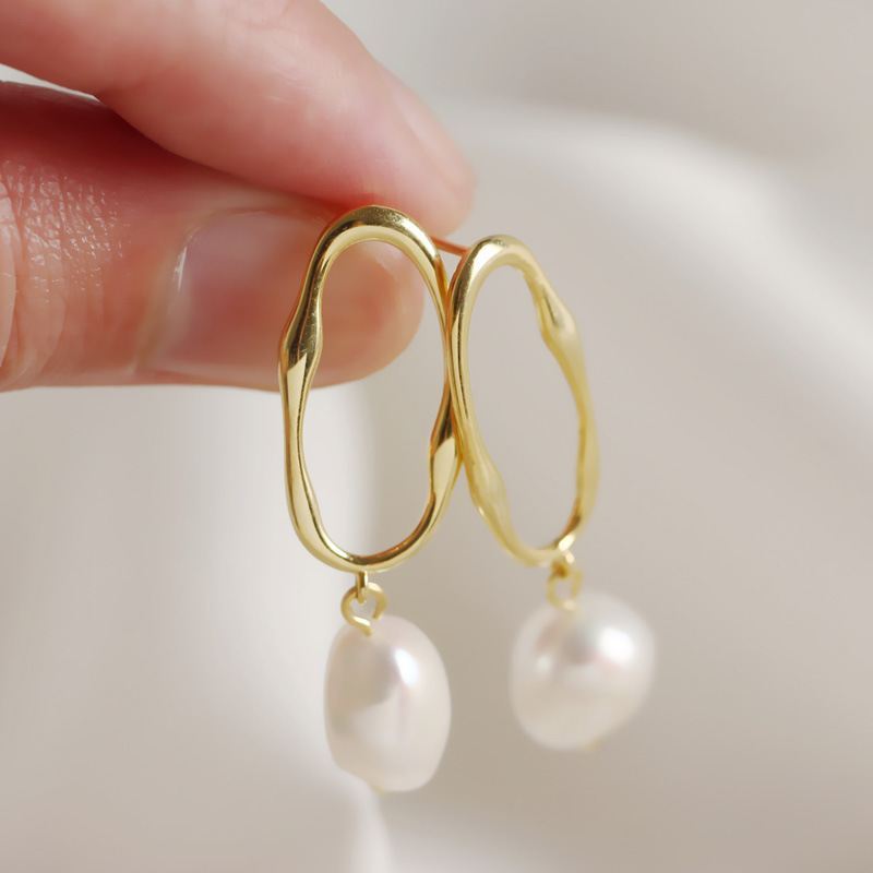 Office Irregular Baroque Natural Pearl 925 Sterling Silver Dangling Earrings