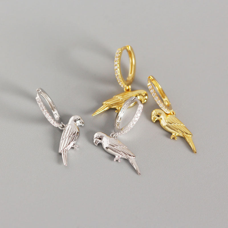 CZ Animal Parrot Bird 925 Sterling Silver Hoop Earrings