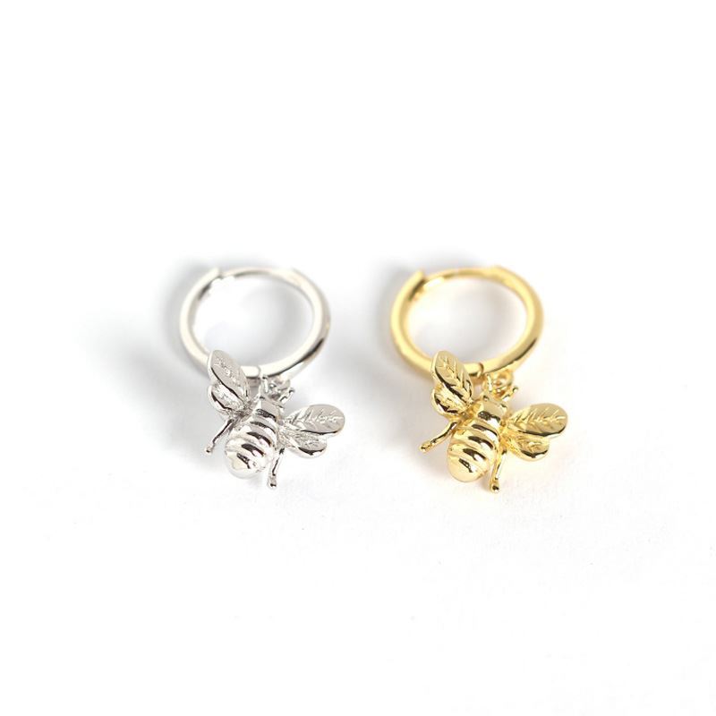 Cute Animal Insect Honey Bee 925 Sterling Silver Hoop Earrings