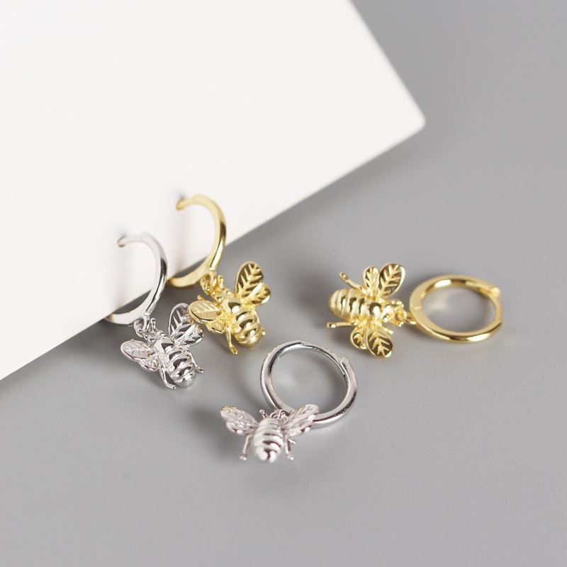 Cute Animal Insect Honey Bee 925 Sterling Silver Hoop Earrings