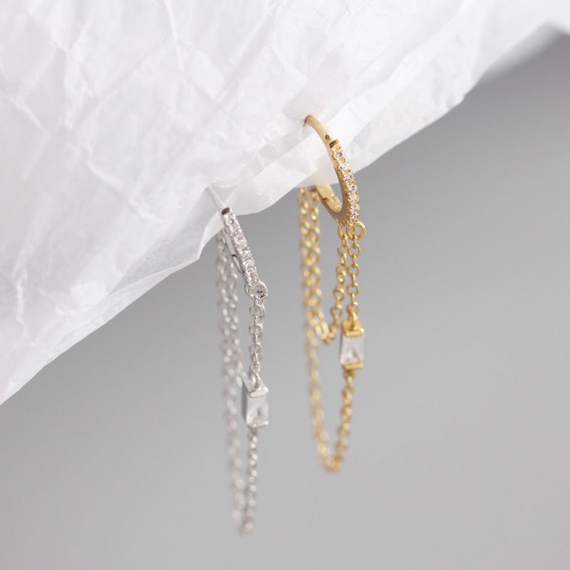 Fashion Double Layer CZ Chain Tassels 925 Sterling Silver Hoop Earrings