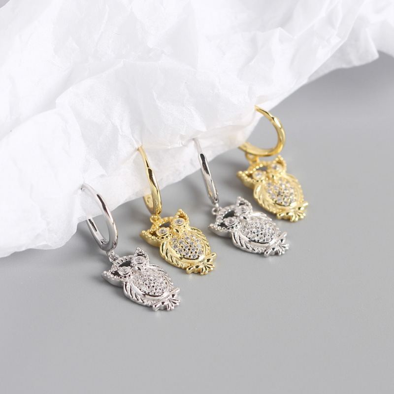 Animal CZ Owl 925 Sterling Silver Hoop Earrings