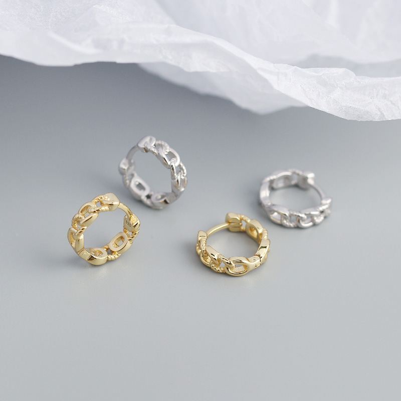 Simple Hollow Chain 925 Sterling Silver Huggie Hoop Earrings