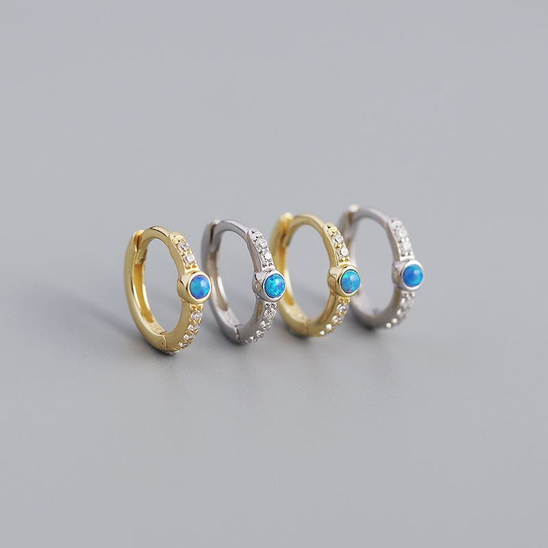 New Blue Created Opal CZ 925 Sterling Silver Huggie Hoop Earrings