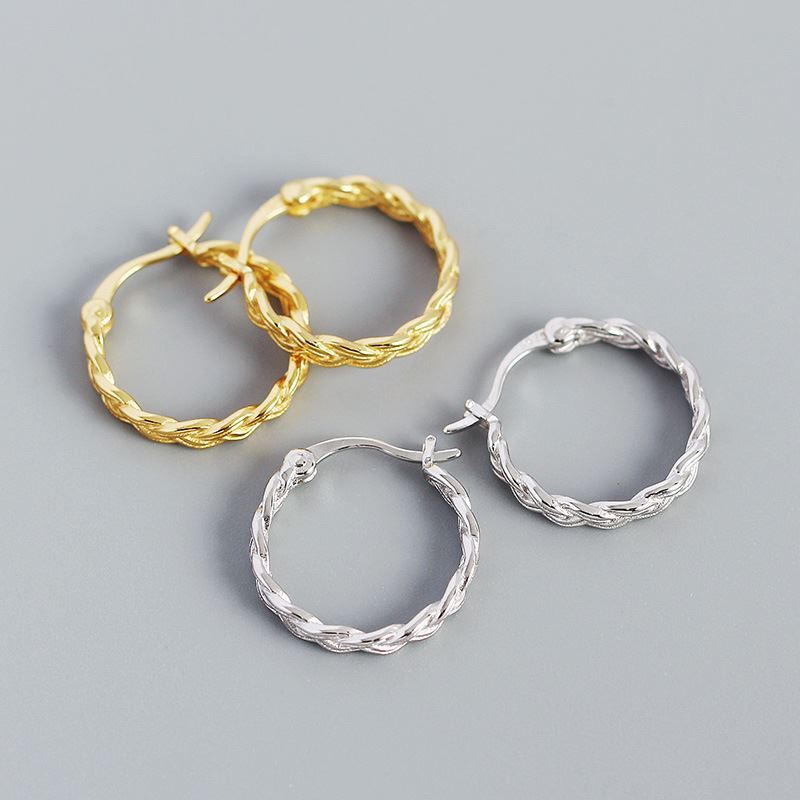 Simple Hollow Braided Chain 925 Sterling Silver Huggie Hoop Earrings