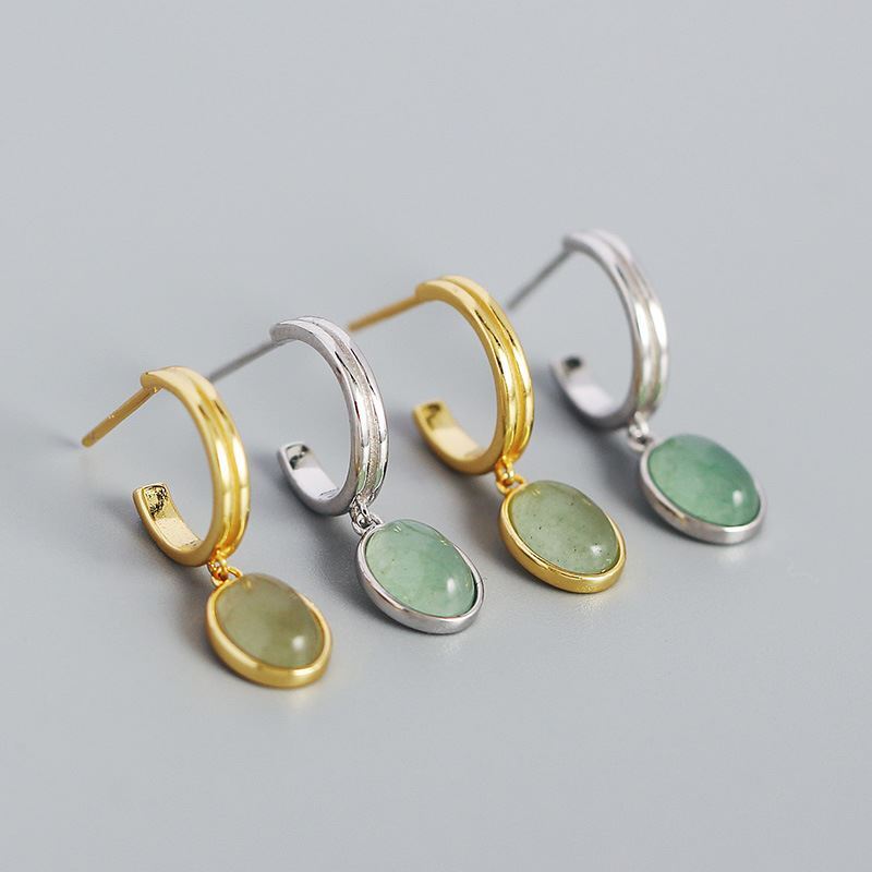 Simple Green Oval Natural Aventurine 925 Sterling Silver Hoop Earrings