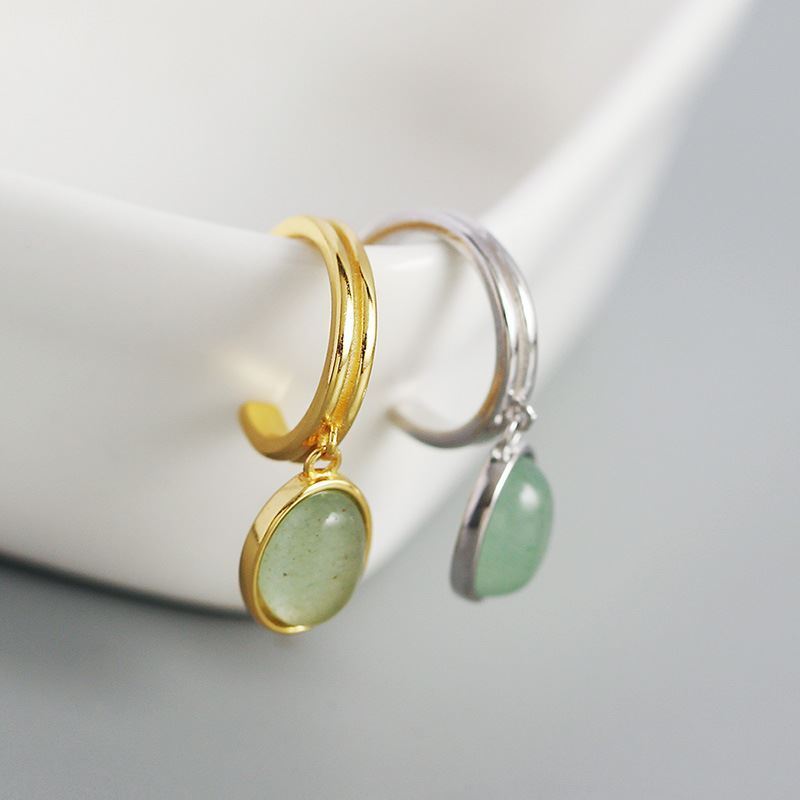 Simple Green Oval Natural Aventurine 925 Sterling Silver Hoop Earrings