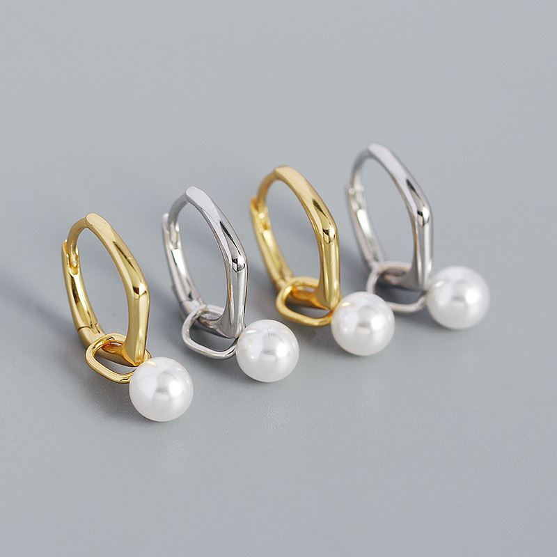 Simple Geometry Shell Pearl 925 Sterling Silver Hoop Earrings