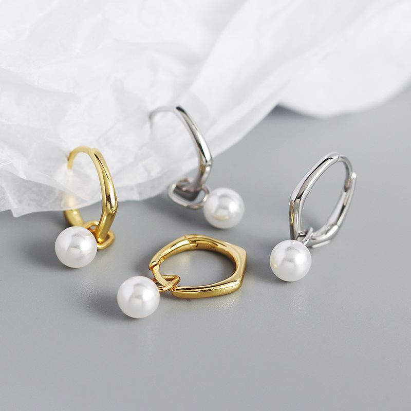 Simple Geometry Shell Pearl 925 Sterling Silver Hoop Earrings