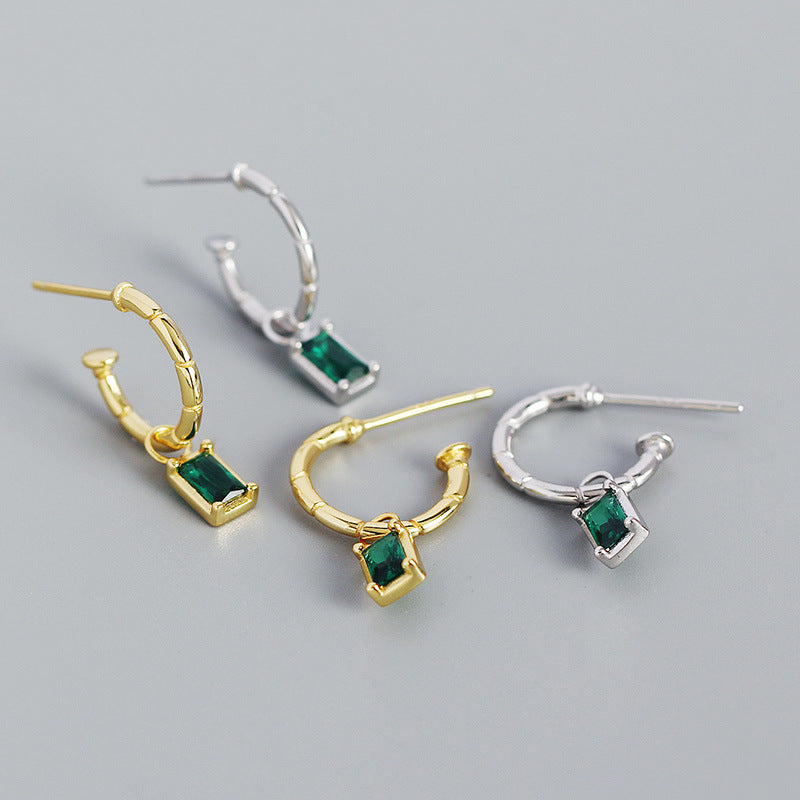 Elegant Geometry Green CZ Rectangle 925 Sterling Silver Hoop Earrings