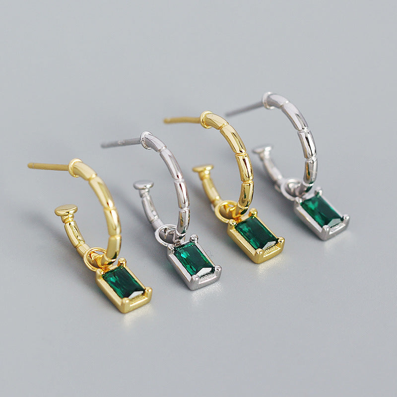 Elegant Geometry Green CZ Rectangle 925 Sterling Silver Hoop Earrings