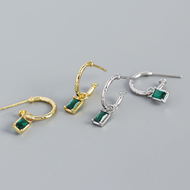 Elegant Geometry Green CZ Rectangle 925 Sterling Silver Hoop Earrings