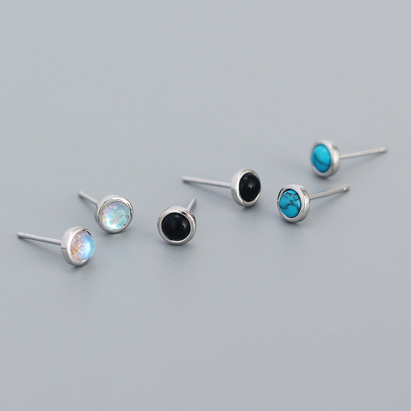 Simple Geometry Round Created Agate Moonstone Turquoise  925 Sterling Silver Stud Earrings