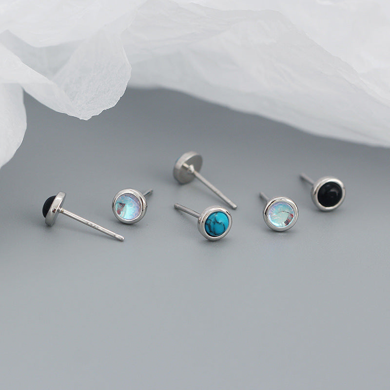 Simple Geometry Round Created Agate Moonstone Turquoise  925 Sterling Silver Stud Earrings