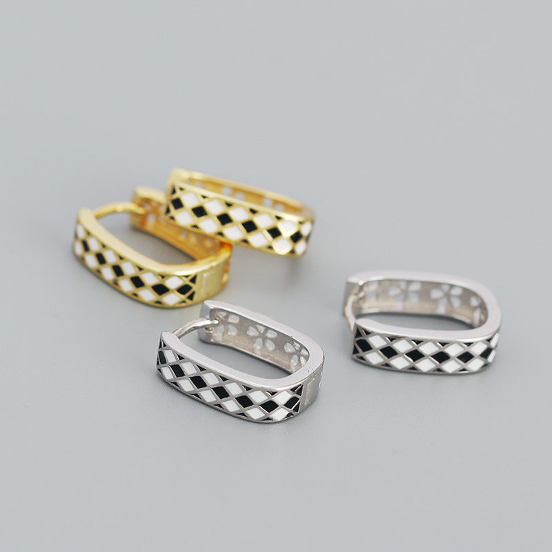 Geometry Black White Chess Board 925 Sterling Silver Huggie Hoop Earrings