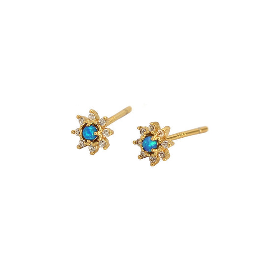 Cute Mini Blue Created Opal CZ Flower 925 Sterling Silver Stud Earrings