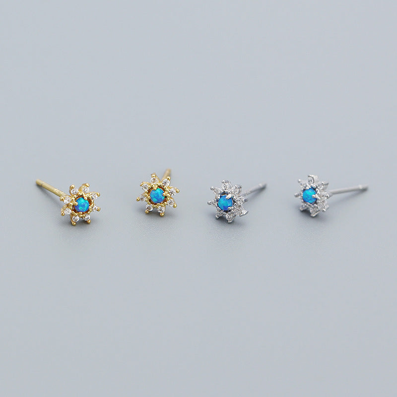 Cute Mini Blue Created Opal CZ Flower 925 Sterling Silver Stud Earrings