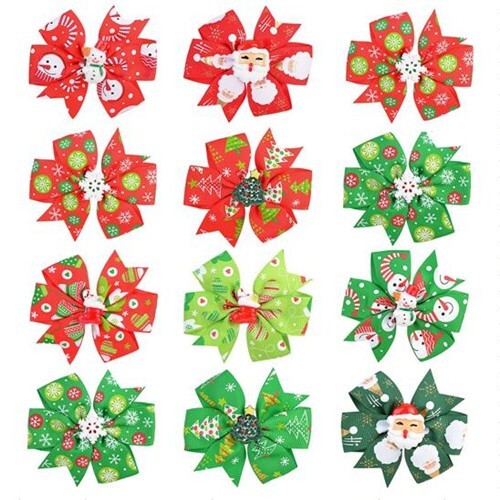 (12 pcs Per Unit) Christmas Fashion Baby/ Toddler Ribbon Knot Hair Clips