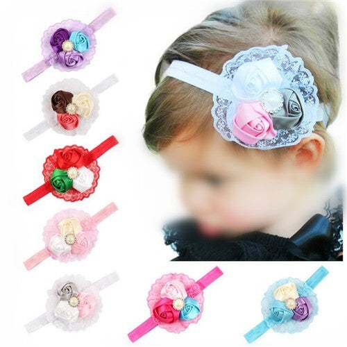 (8 pcs Per Unit) Triple Flowers Lace Fashion Baby Girl Hair Bands