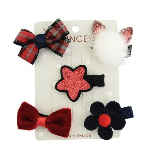 (5 pcs) Cat Head Flower and Bowknot Combo Baby Fashion Hair Clip Set