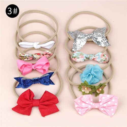 (10pcs) U.S. High Fashion Flowers and Bowknots Combo Hair Rubber Band Set - NO.3