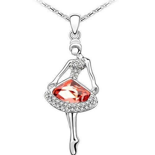 Ballet Dancer Design Red Crystal Silver Plating Necklace