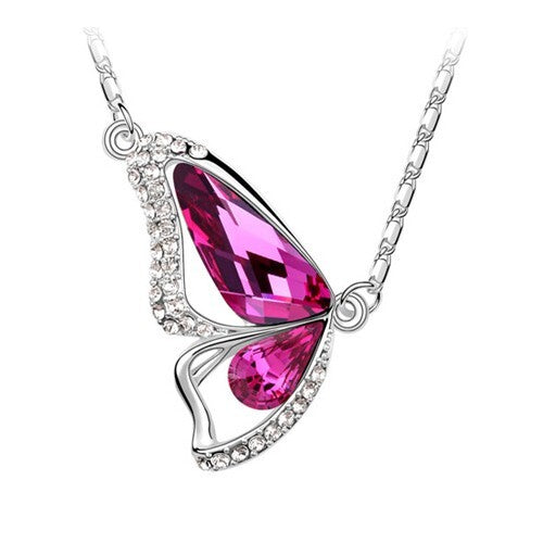 Fuchsia Austrian Crystal Butterfly Pendant Necklace