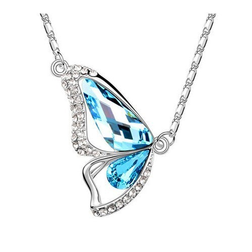 Blue Austrian Crystal Butterfly Pendant Necklace