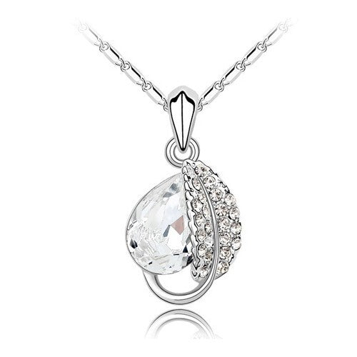 Love Leaf with Transparent Crystal Water-drop Pendant Necklace