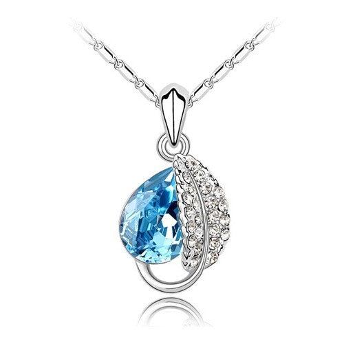 Love Leaf with Aquamarine Crystal Water-drop Pendant Necklace