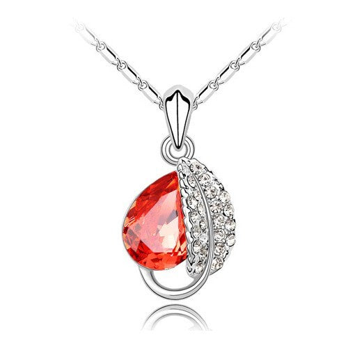 Love Leaf with Red Crystal Water-drop Pendant Necklace