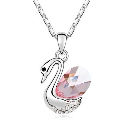 Dancing Swan Austrian Crystal Pendant Necklace - Pink