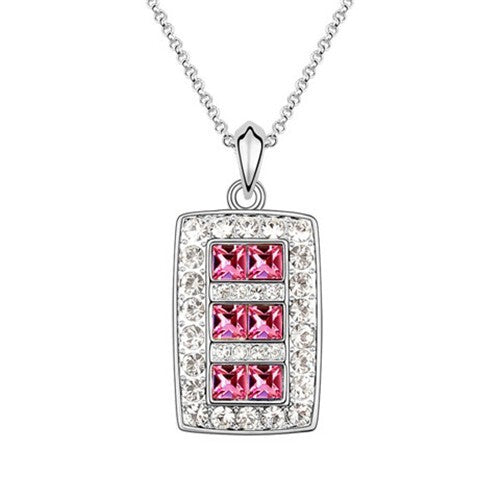 Fashion Queen Style Platinum Plating Pink Crystal Rectangular Pendant Necklace